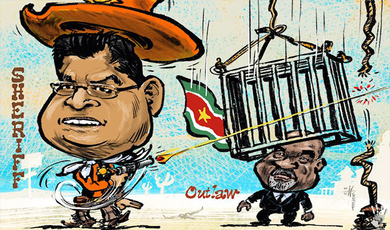 Карикатура Чан Сантохи (президент Суринама) сажает в тюрьму Дези Баутерсе