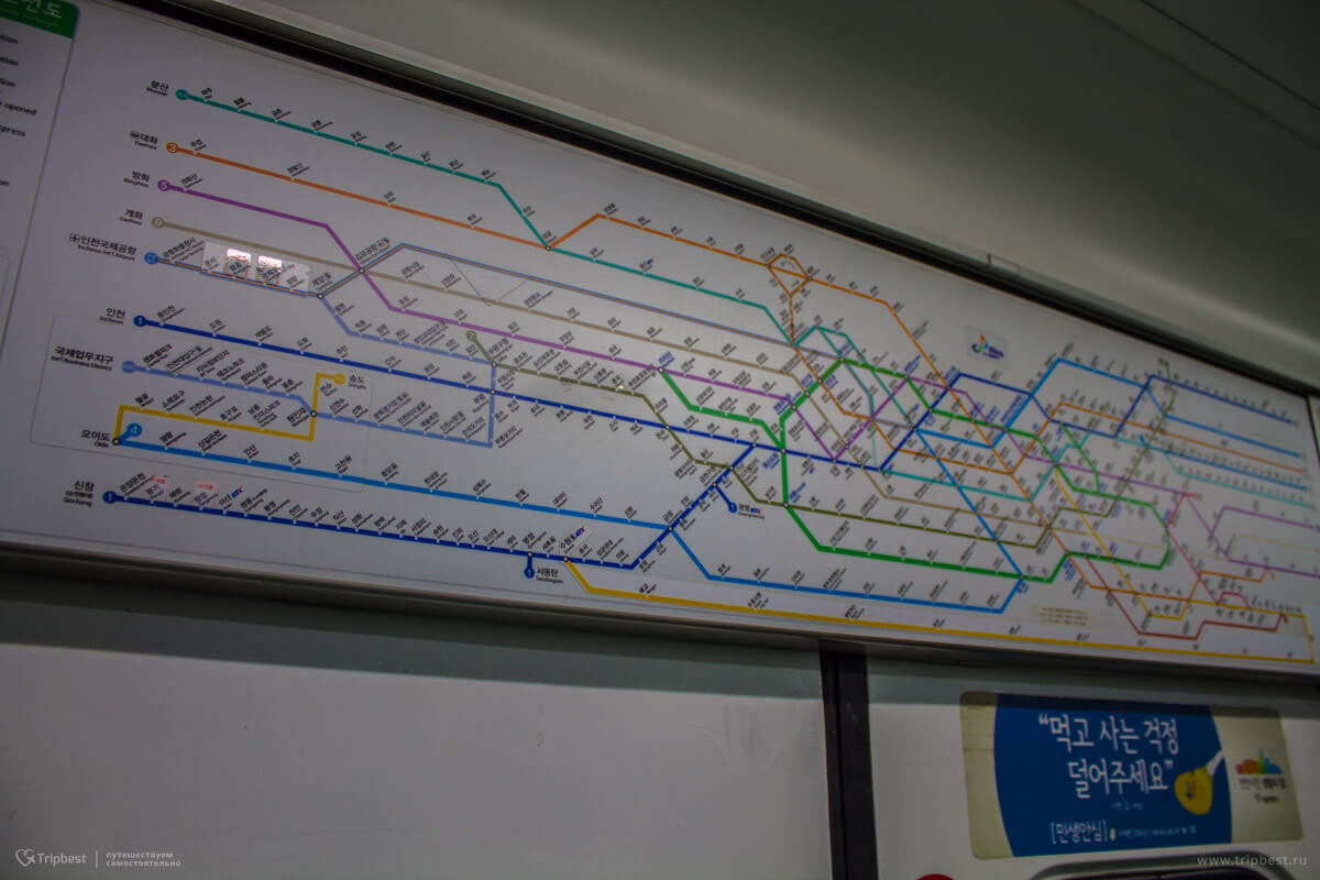 Карта метро внутри вагона метро Сеула